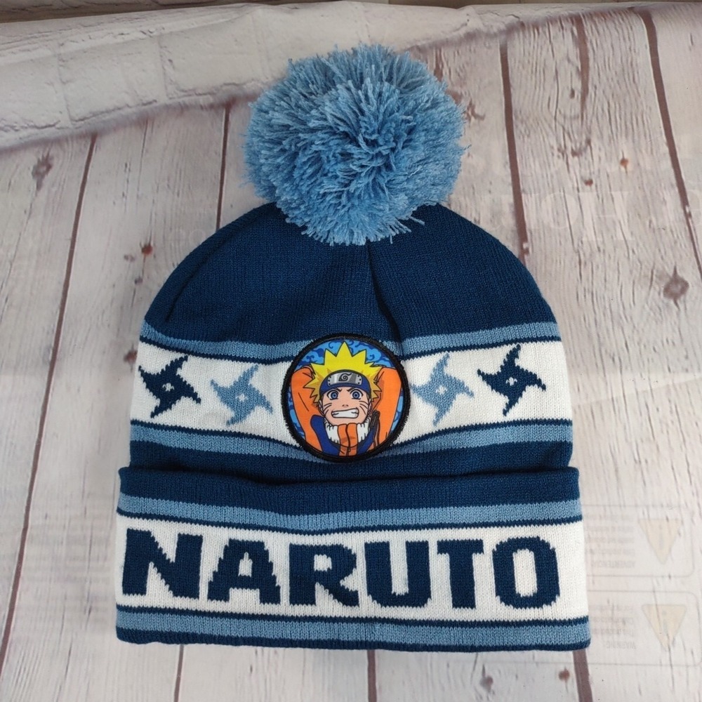 Naruto Anime Unisex Kids Beanie Hat Toboggan One Sz Blues White Orange Blue Pom